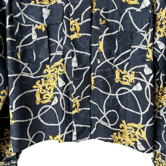 Vintage Pierre Cardin Black Gold Printed Button Up Blouse Cropped Long Sleeve, 6 - Picture 6 of 11